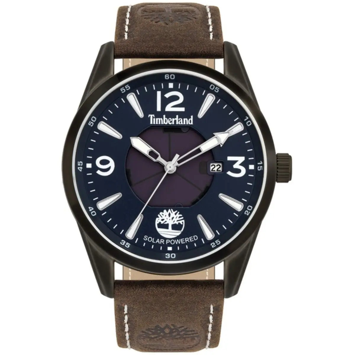 Timberland Men's Analog Solar Watch TBL.16004JYU-03, features a 43MM stainless steel case, brown leather band, and mineral crystal with 5ATM water resistance, ideal for stylish everyday wear.
