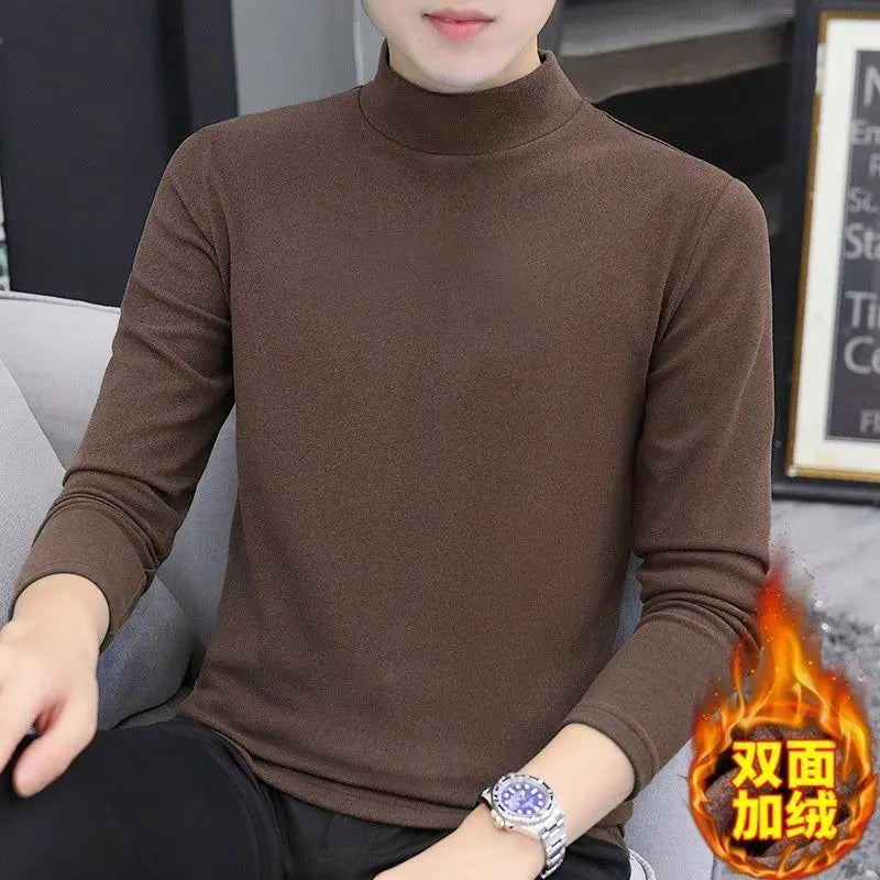 New 2024 Thicken Men's Mock Neck Thermal Tee Casual Tops Thick Thermal Inner SleepWear Fleece Long Sleeve T-Shirt Mens Clothing