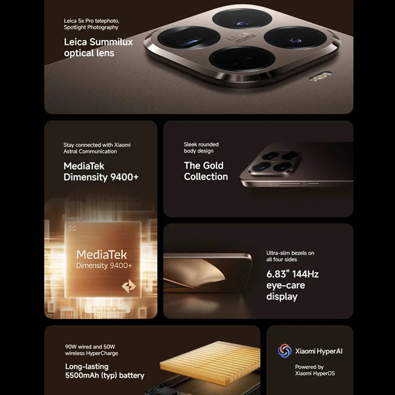 Global Version Xiaomi 15T Pro MediaTek Dimensity 9400+ Processor Smartphone 6.83" 144Hz Eye-care Display 50MP Leica Summilux Optical Triple Lens 5500mAh (typ) Large Battery 90W Wired and 50W Wireless HyperCharge Xiaomi Cellph