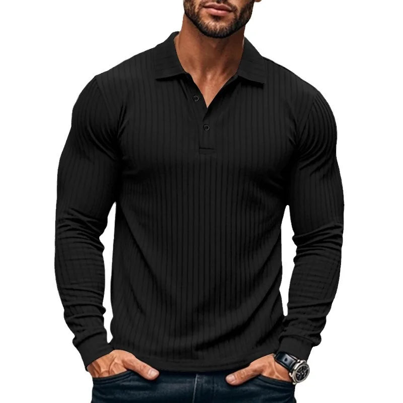 Cross-border autumn men's classic casual American lapel button-up long-sleeved T-shirt elastic pit strip polo shirt
