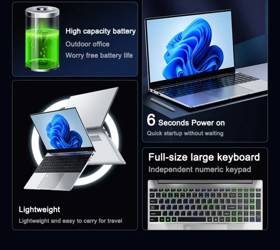LENO 15.6"Portable Laptop 32GB DDR4 2TB SSD Intel N5095 Wntindows11 Notebook PC Gamer Office Computer with Backlit Fingerpri