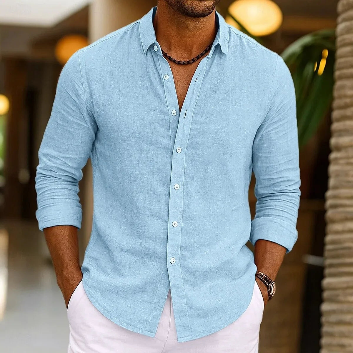 Men's Linen Shirt Summer Beachwear Button Solid Color Cotton Linen Long Sleeve Shirt Vacation Men's Clothing Fast Shipping