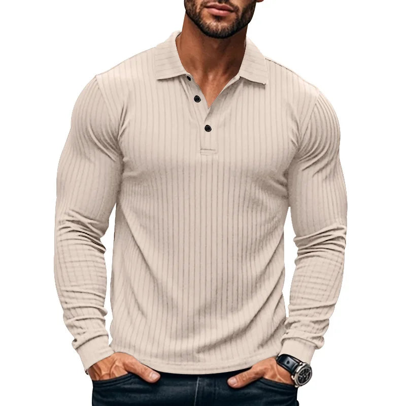 Cross-border autumn men's classic casual American lapel button-up long-sleeved T-shirt elastic pit strip polo shirt
