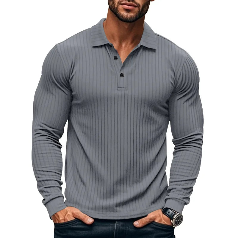 Cross-border autumn men's classic casual American lapel button-up long-sleeved T-shirt elastic pit strip polo shirt