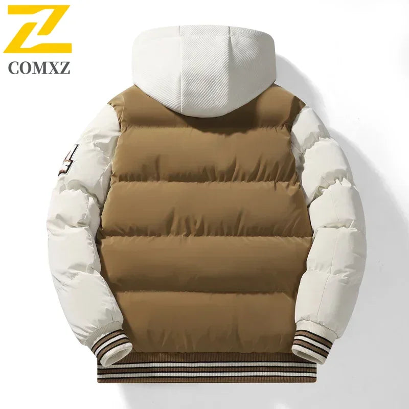 Winter Baseball Jacket 2024 New Embroidered Design Youth Coat Outdoor Fake 2-piece Men's Sports Hooded Cotton Jacket Plus Size