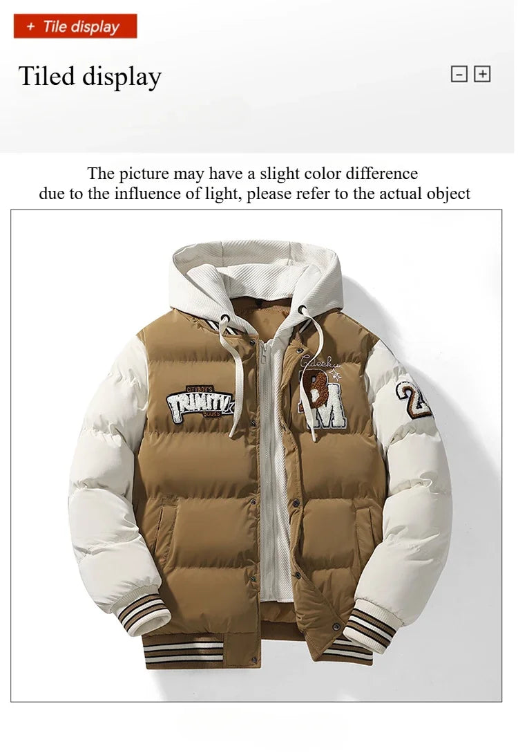 Winter Baseball Jacket 2024 New Embroidered Design Youth Coat Outdoor Fake 2-piece Men's Sports Hooded Cotton Jacket Plus Size