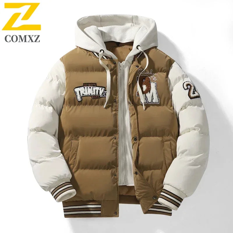 Winter Baseball Jacket 2024 New Embroidered Design Youth Coat Outdoor Fake 2-piece Men's Sports Hooded Cotton Jacket Plus Size