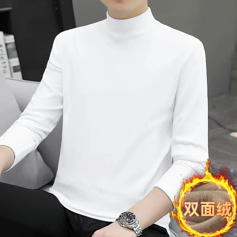 New 2024 Thicken Men's Mock Neck Thermal Tee Casual Tops Thick Thermal Inner SleepWear Fleece Long Sleeve T-Shirt Mens Clothing