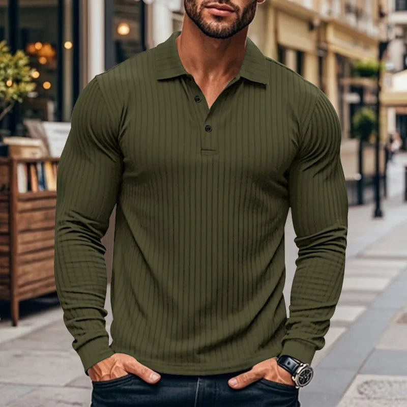 Cross-border autumn men's classic casual American lapel button-up long-sleeved T-shirt elastic pit strip polo shirt
