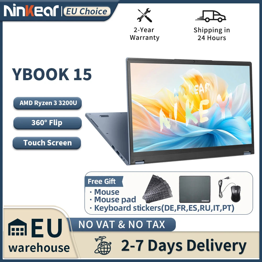 Ninkear YBOOK15 Laptop AMD Ryzen 3 3200U 15.6 Inch 360° Flip FHD IPS 1920*1080 Touchscreen 16G+512GB Backlit Keyboard Windows 11