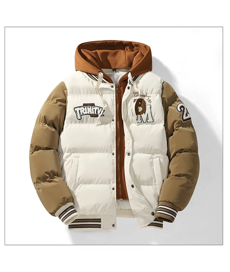 Winter Baseball Jacket 2024 New Embroidered Design Youth Coat Outdoor Fake 2-piece Men's Sports Hooded Cotton Jacket Plus Size