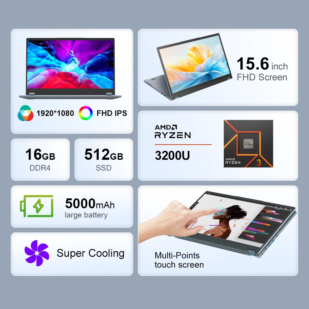Ninkear YBOOK15 Laptop AMD Ryzen 3 3200U 15.6 Inch 360° Flip FHD IPS 1920*1080 Touchscreen 16G+512GB Backlit Keyboard Windows 11