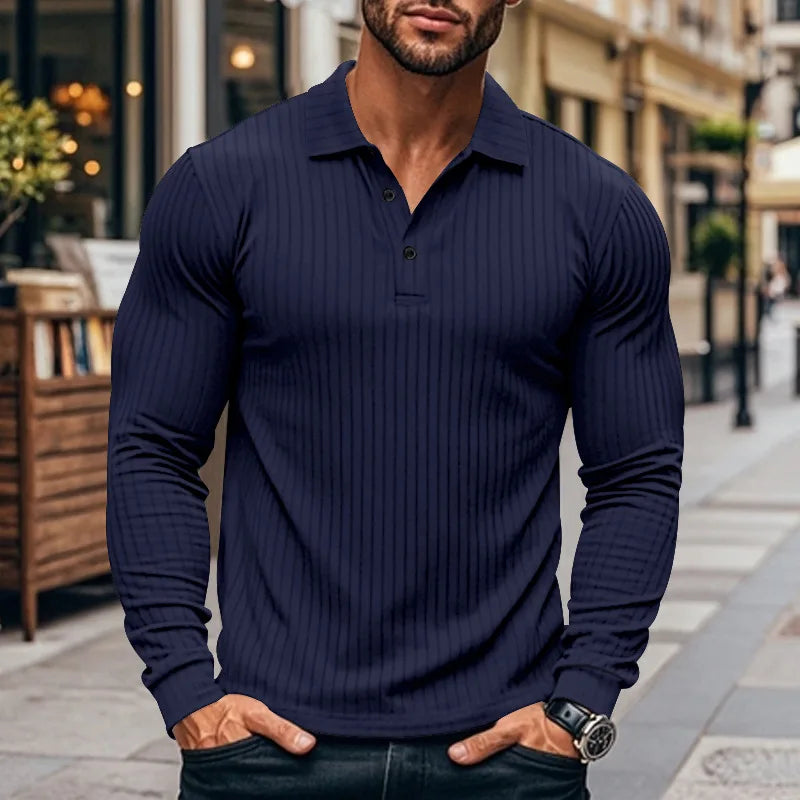 Cross-border autumn men's classic casual American lapel button-up long-sleeved T-shirt elastic pit strip polo shirt