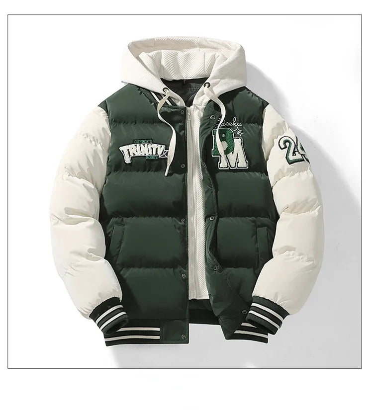 Winter Baseball Jacket 2024 New Embroidered Design Youth Coat Outdoor Fake 2-piece Men's Sports Hooded Cotton Jacket Plus Size