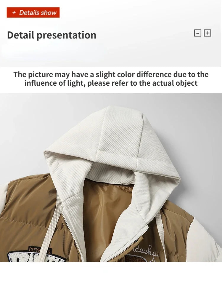 Winter Baseball Jacket 2024 New Embroidered Design Youth Coat Outdoor Fake 2-piece Men's Sports Hooded Cotton Jacket Plus Size