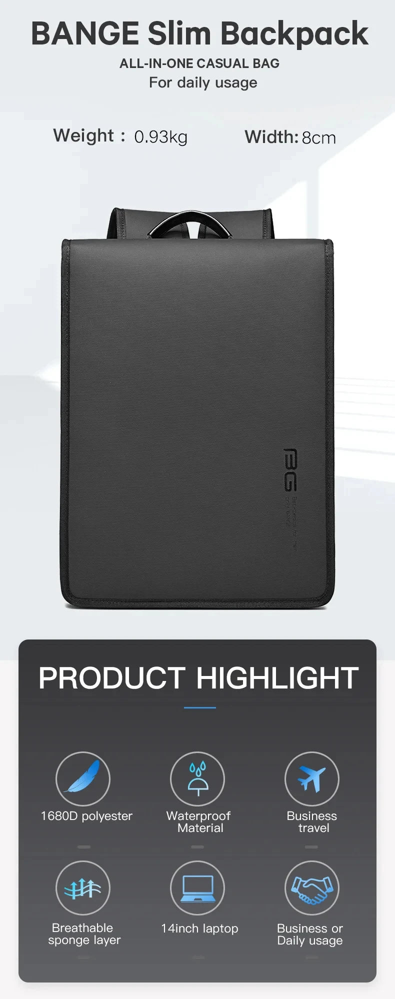 BANGE New Design Men Backpack Waterproof fit for 15.6 inch Laptop Bag Man Travel Bag School bag city business backpack