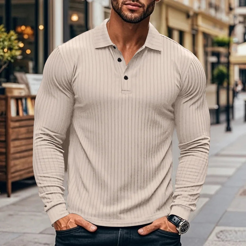Cross-border autumn men's classic casual American lapel button-up long-sleeved T-shirt elastic pit strip polo shirt