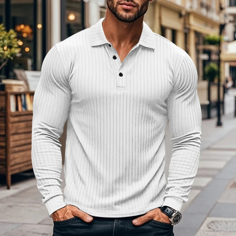 Cross-border autumn men's classic casual American lapel button-up long-sleeved T-shirt elastic pit strip polo shirt