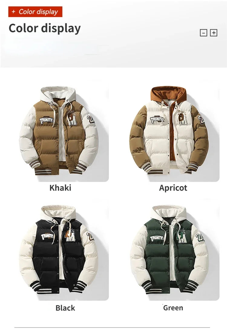 Winter Baseball Jacket 2024 New Embroidered Design Youth Coat Outdoor Fake 2-piece Men's Sports Hooded Cotton Jacket Plus Size