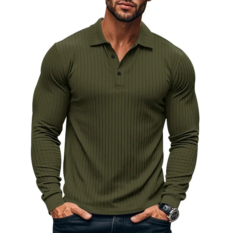 Cross-border autumn men's classic casual American lapel button-up long-sleeved T-shirt elastic pit strip polo shirt