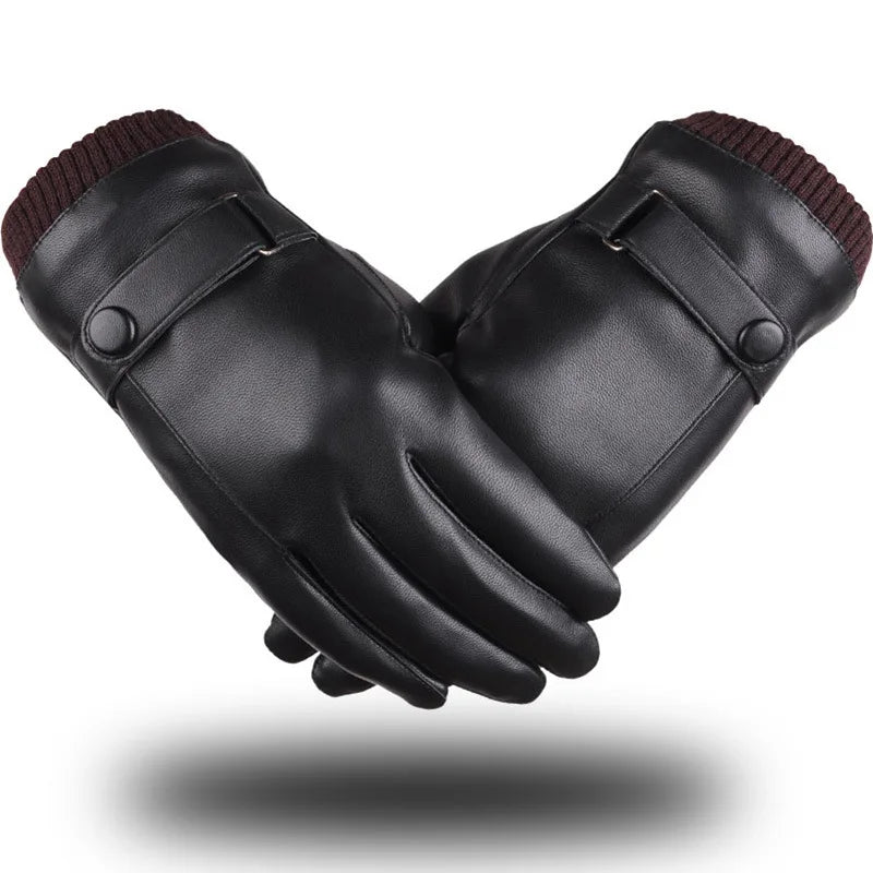 Autumn Winter Thickened Warm Men's Artificial Leather Gloves Windproof Waterproof Touch Screen Outdoor Cycling Motorcycle Gloves