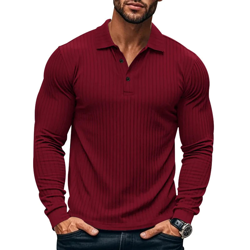 Cross-border autumn men's classic casual American lapel button-up long-sleeved T-shirt elastic pit strip polo shirt