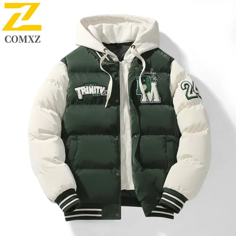 Winter Baseball Jacket 2024 New Embroidered Design Youth Coat Outdoor Fake 2-piece Men's Sports Hooded Cotton Jacket Plus Size