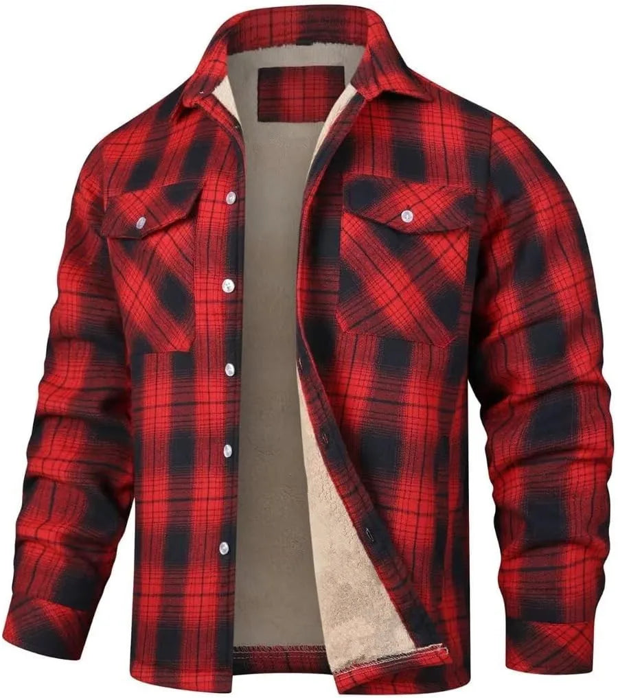 Men's Fleece Plaid Jacket Casual Loose Cotton Jacket Thicken Lining Flannel Warm Outwear Autumn Winter Work Coat Outerwear S-5XL
