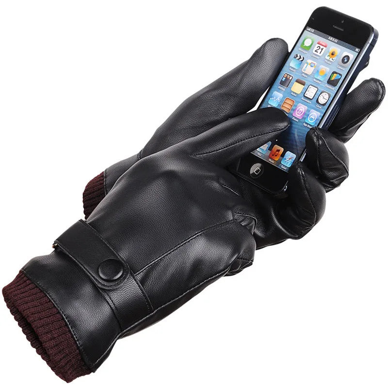 Autumn Winter Thickened Warm Men's Artificial Leather Gloves Windproof Waterproof Touch Screen Outdoor Cycling Motorcycle Gloves