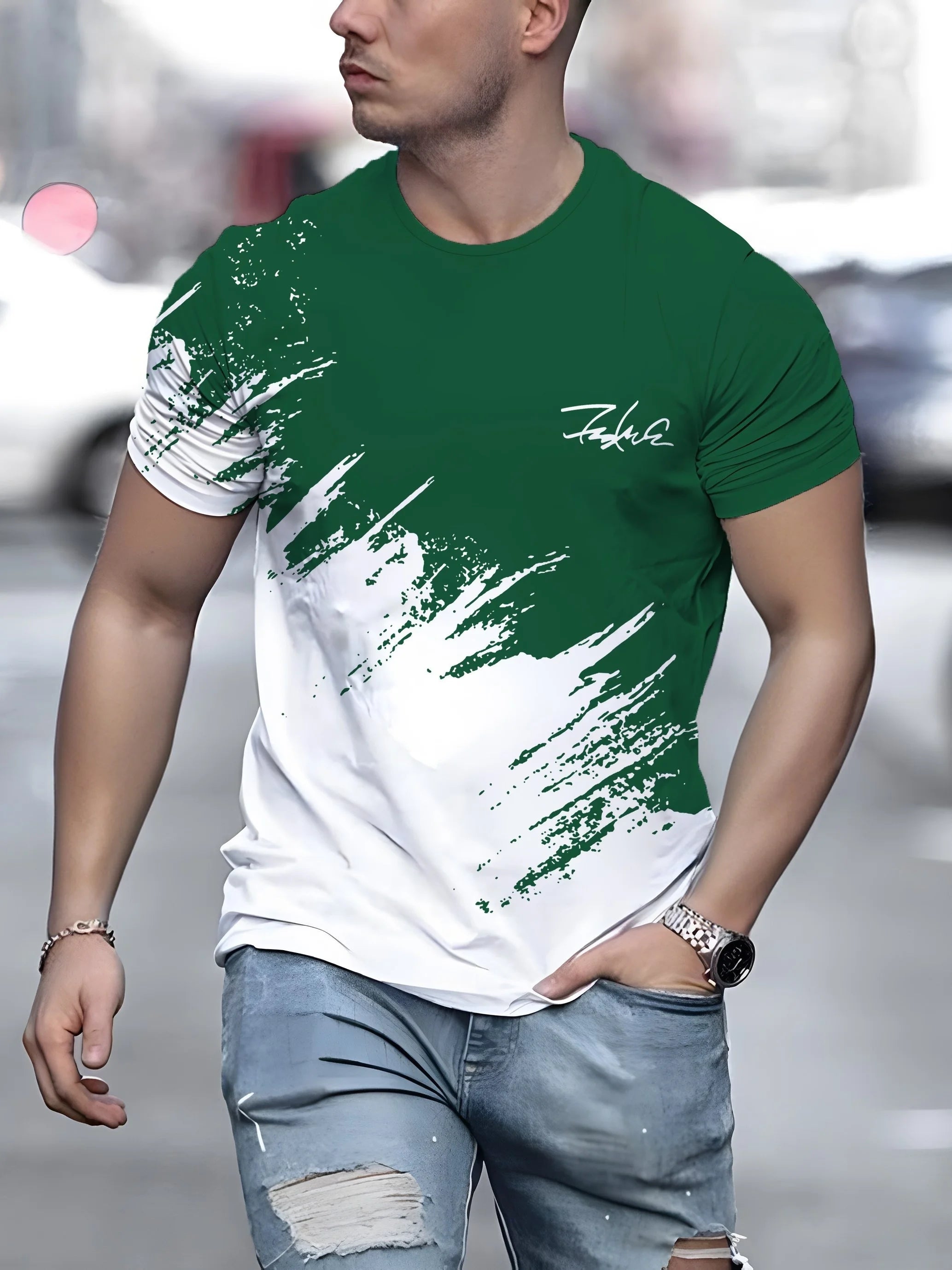 Casual Men's T-Shirt Gradient Printed Short Sleeve T-Shirt For Men 3d Text Pattern Tees Top Fashion Street Design Men's Clothing