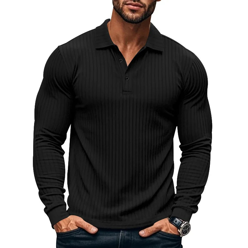 Cross-border autumn men's classic casual American lapel button-up long-sleeved T-shirt elastic pit strip polo shirt