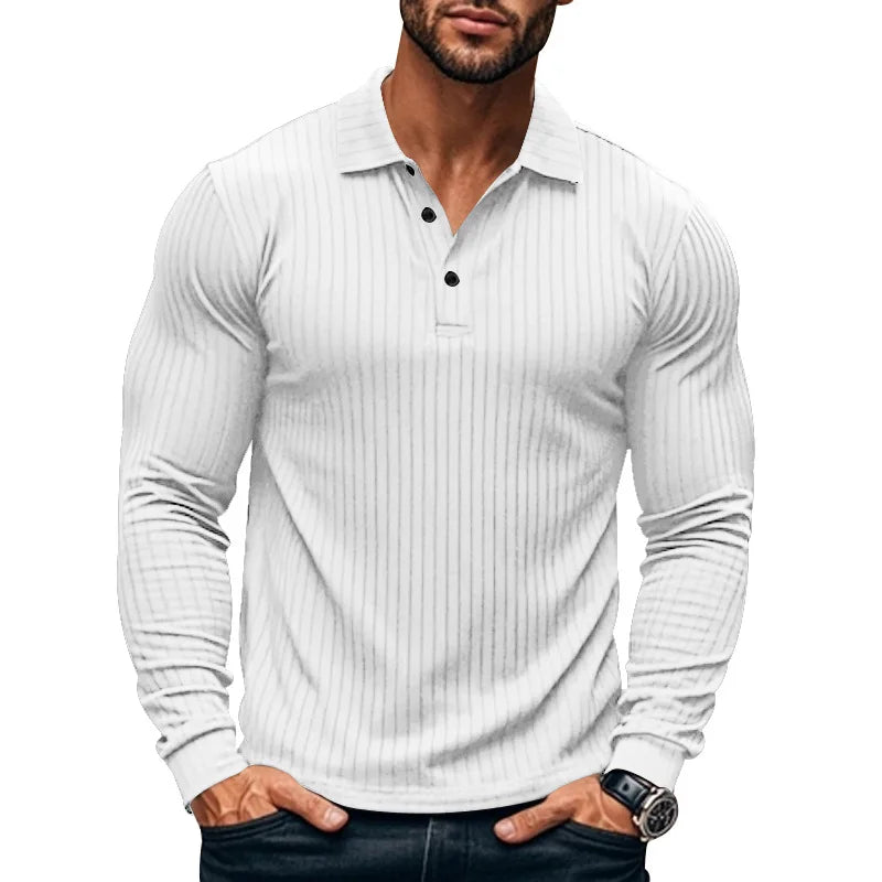 Cross-border autumn men's classic casual American lapel button-up long-sleeved T-shirt elastic pit strip polo shirt