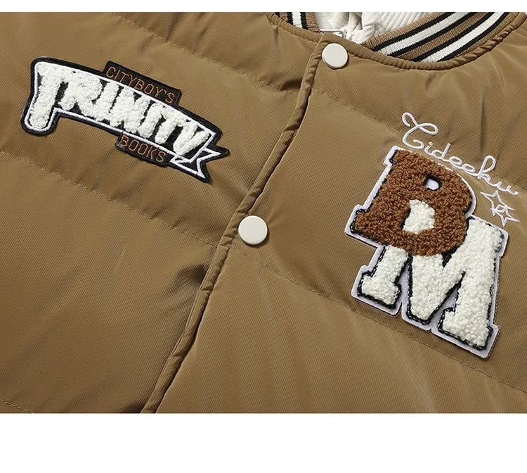 Winter Baseball Jacket 2024 New Embroidered Design Youth Coat Outdoor Fake 2-piece Men's Sports Hooded Cotton Jacket Plus Size