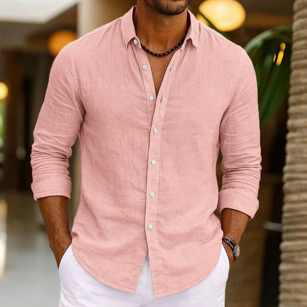 Men's Linen Shirt Summer Beachwear Button Solid Color Cotton Linen Long Sleeve Shirt Vacation Men's Clothing Fast Shipping