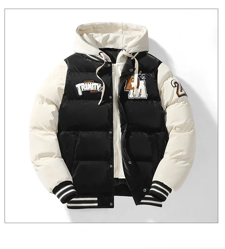Winter Baseball Jacket 2024 New Embroidered Design Youth Coat Outdoor Fake 2-piece Men's Sports Hooded Cotton Jacket Plus Size