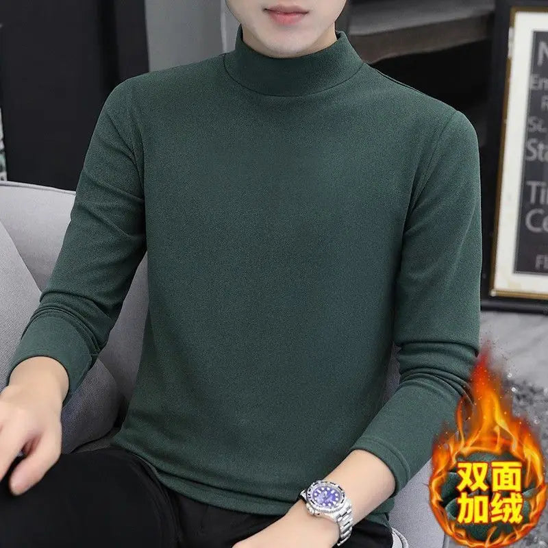 New 2024 Thicken Men's Mock Neck Thermal Tee Casual Tops Thick Thermal Inner SleepWear Fleece Long Sleeve T-Shirt Mens Clothing