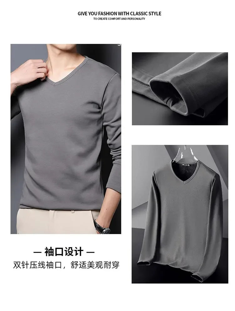 Men's Plush Thermal Long Sleeved T-Shirt Bottoming Shirt Round Neck Shirt Fashion Plus Velvet Padded T-shirt
