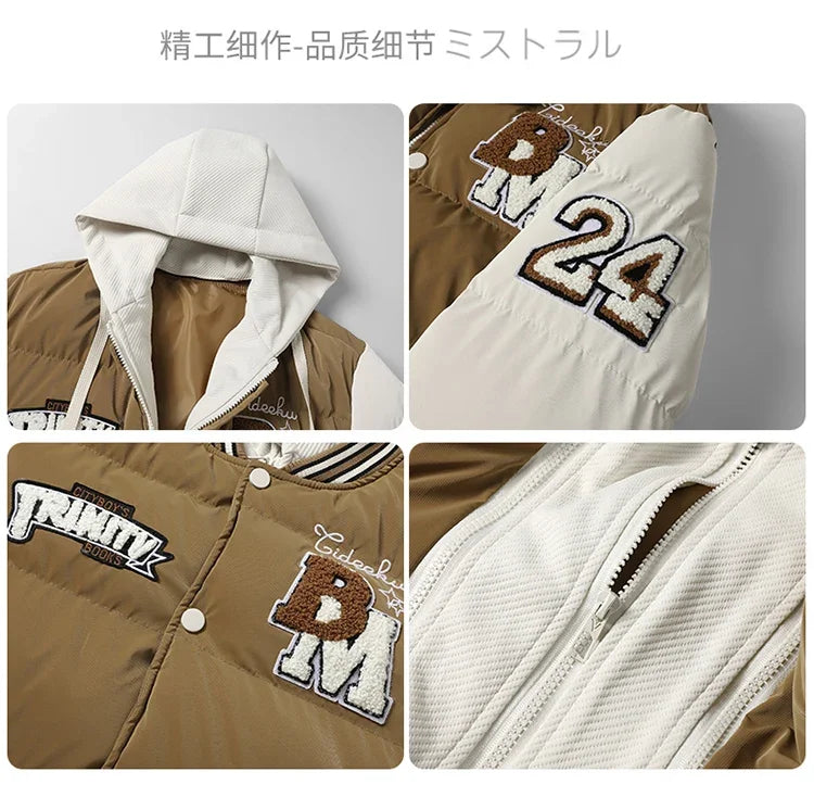 Winter Baseball Jacket 2024 New Embroidered Design Youth Coat Outdoor Fake 2-piece Men's Sports Hooded Cotton Jacket Plus Size