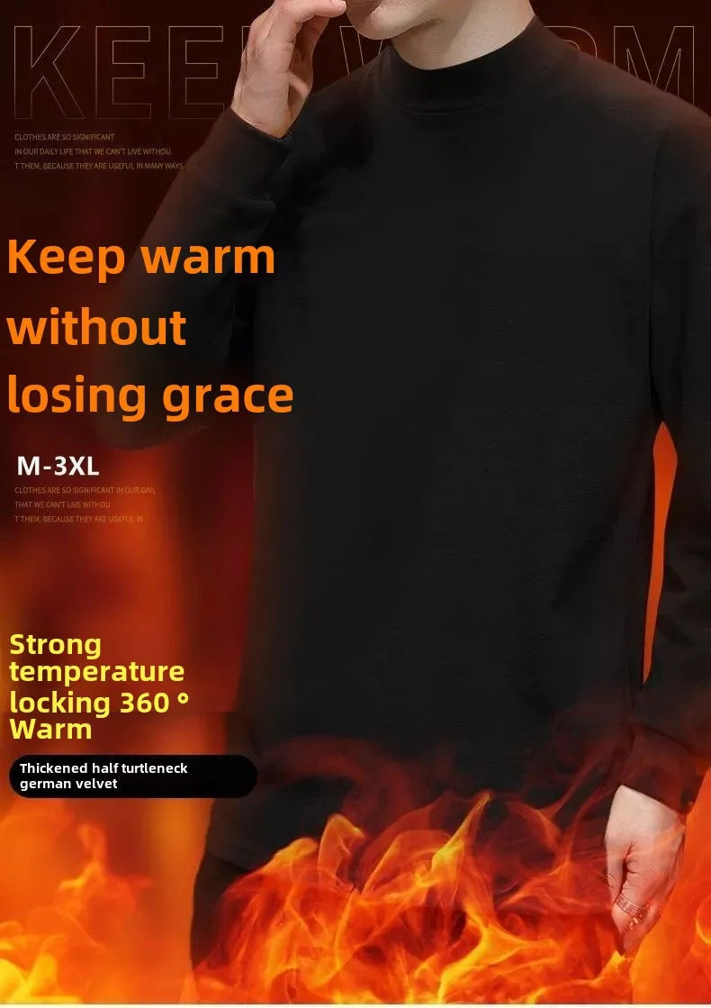 New 2024 Thicken Men's Mock Neck Thermal Tee Casual Tops Thick Thermal Inner SleepWear Fleece Long Sleeve T-Shirt Mens Clothing