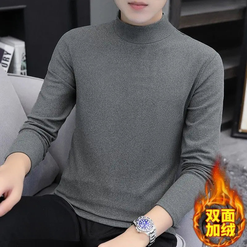 New 2024 Thicken Men's Mock Neck Thermal Tee Casual Tops Thick Thermal Inner SleepWear Fleece Long Sleeve T-Shirt Mens Clothing