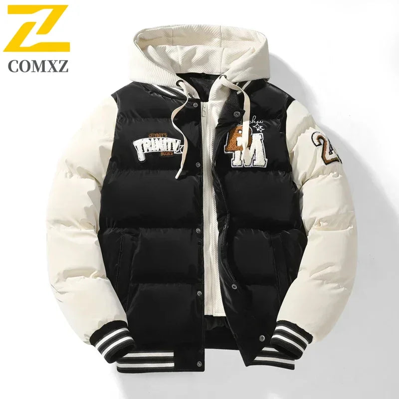 Winter Baseball Jacket 2024 New Embroidered Design Youth Coat Outdoor Fake 2-piece Men's Sports Hooded Cotton Jacket Plus Size