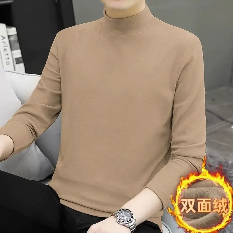New 2024 Thicken Men's Mock Neck Thermal Tee Casual Tops Thick Thermal Inner SleepWear Fleece Long Sleeve T-Shirt Mens Clothing
