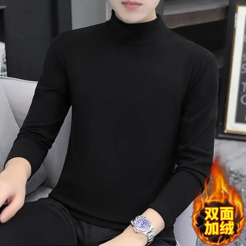 New 2024 Thicken Men's Mock Neck Thermal Tee Casual Tops Thick Thermal Inner SleepWear Fleece Long Sleeve T-Shirt Mens Clothing