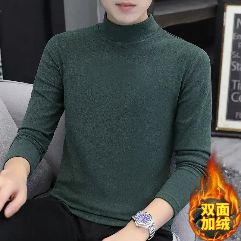 New 2024 Thicken Men's Mock Neck Thermal Tee Casual Tops Thick Thermal Inner SleepWear Fleece Long Sleeve T-Shirt Mens Clothing