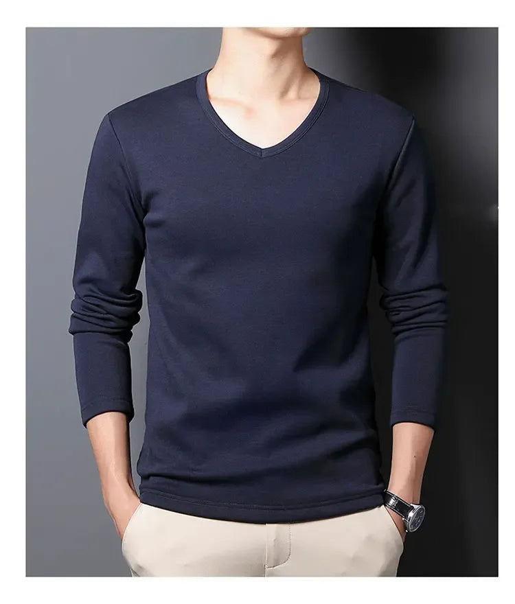 Men's Plush Thermal Long Sleeved T-Shirt Bottoming Shirt Round Neck Shirt Fashion Plus Velvet Padded T-shirt