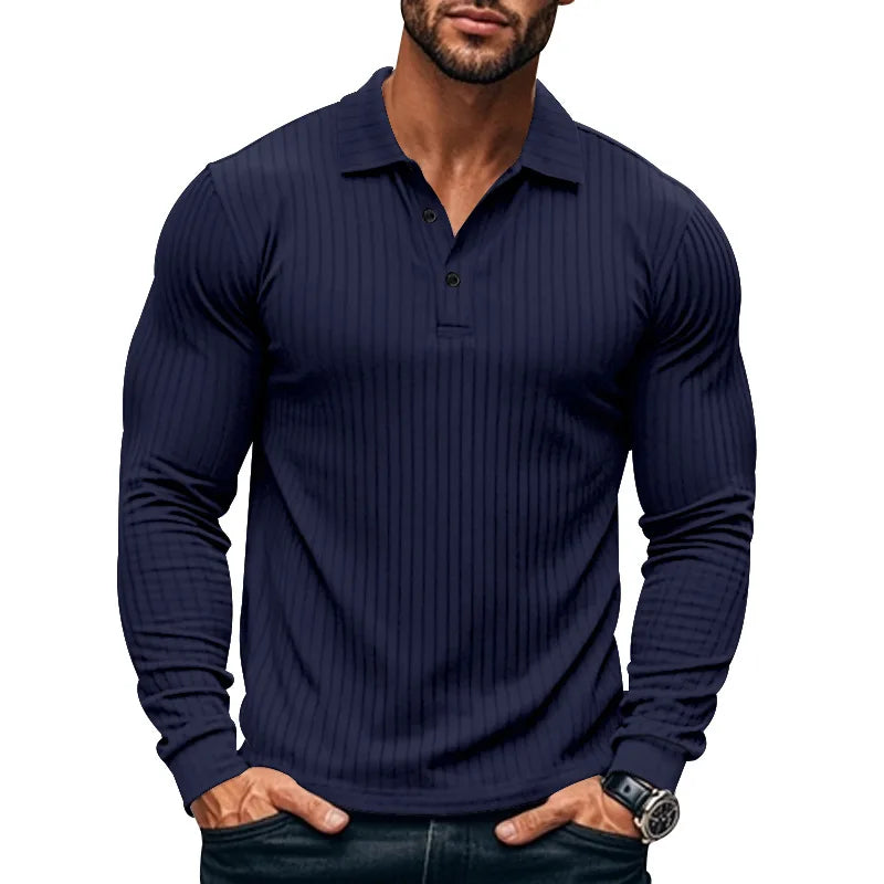 Cross-border autumn men's classic casual American lapel button-up long-sleeved T-shirt elastic pit strip polo shirt