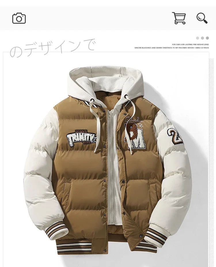 Winter Baseball Jacket 2024 New Embroidered Design Youth Coat Outdoor Fake 2-piece Men's Sports Hooded Cotton Jacket Plus Size