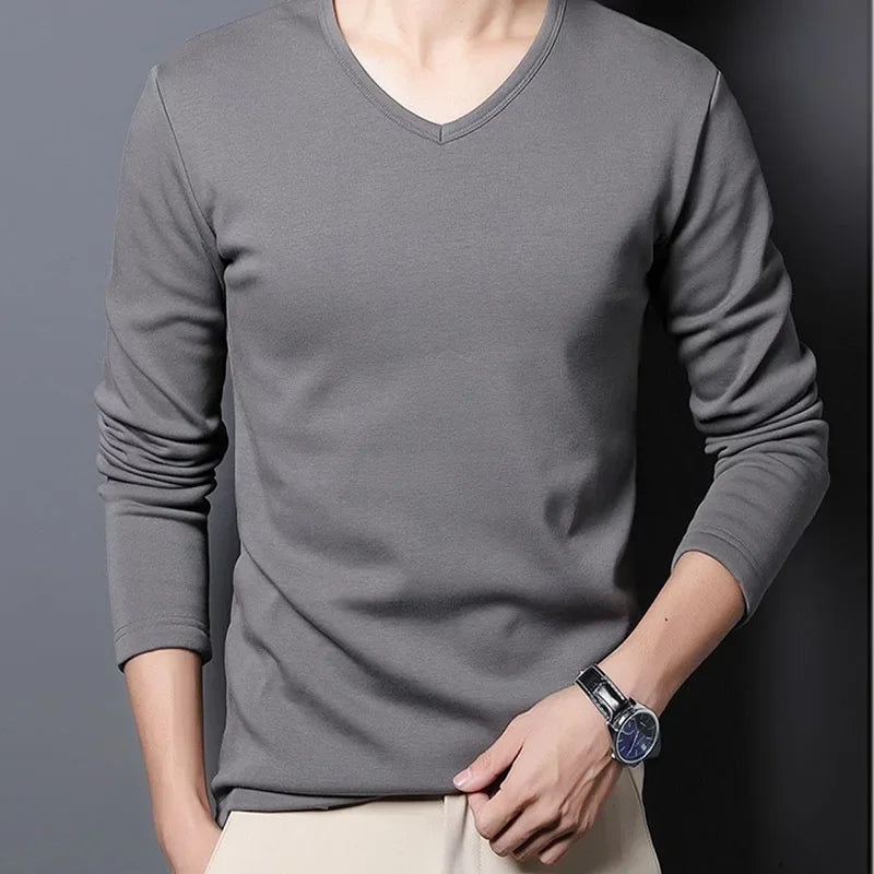 Men's Plush Thermal Long Sleeved T-Shirt Bottoming Shirt Round Neck Shirt Fashion Plus Velvet Padded T-shirt