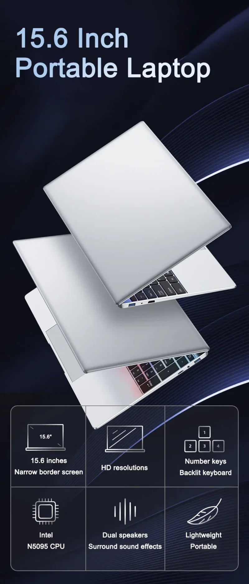 LENO 15.6"Portable Laptop 32GB DDR4 2TB SSD Intel N5095 Wntindows11 Notebook PC Gamer Office Computer with Backlit Fingerpri